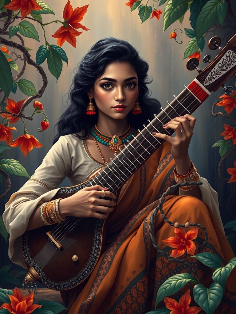 Enchanting Indian Woman Playing Sitar in Dreamy Oil Painting