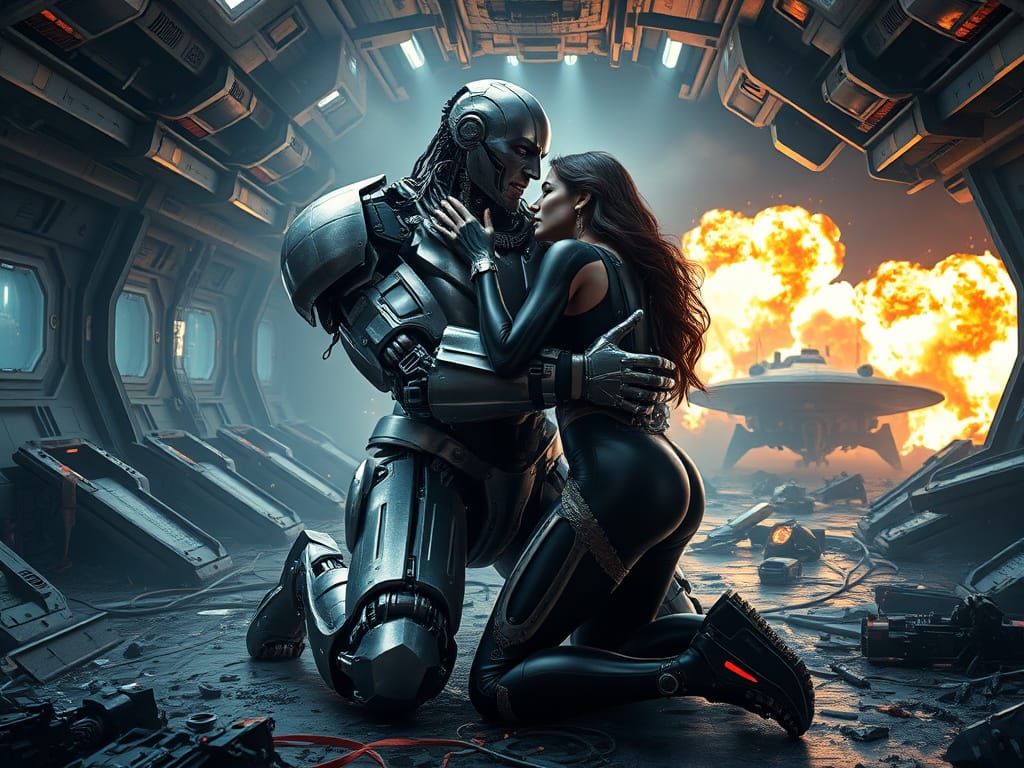 Cyborg Warrior in Intimate Moment Amidst Sci-Fi Battleship R...