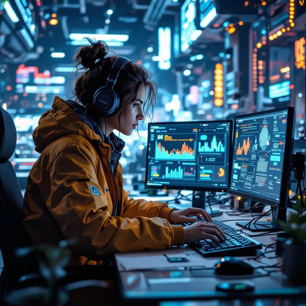 Data Analyst Surrounded by Screens: Matte Painting
