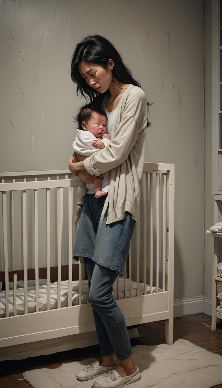 Tired Mother Hugging Crying Baby