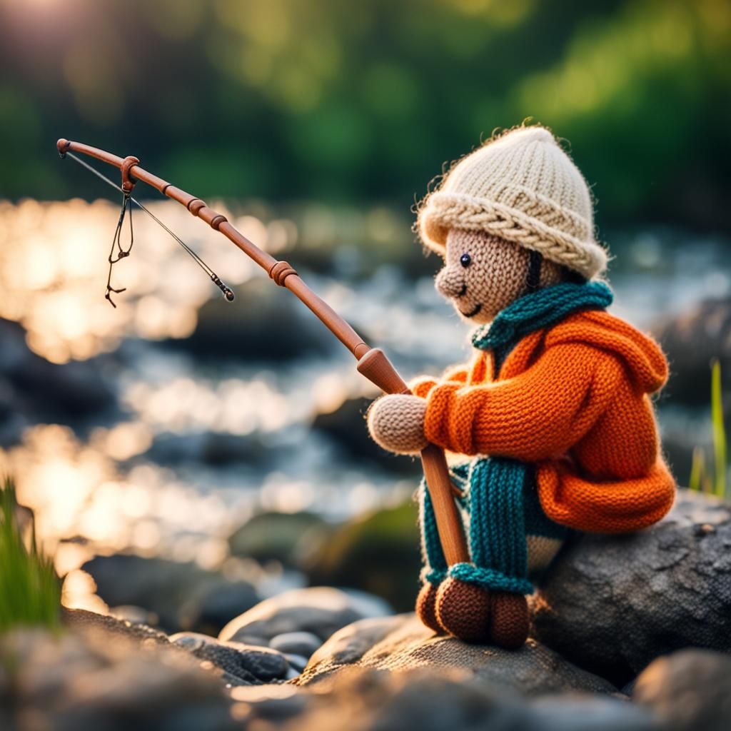 A knitted toy fisherman on a riverbank