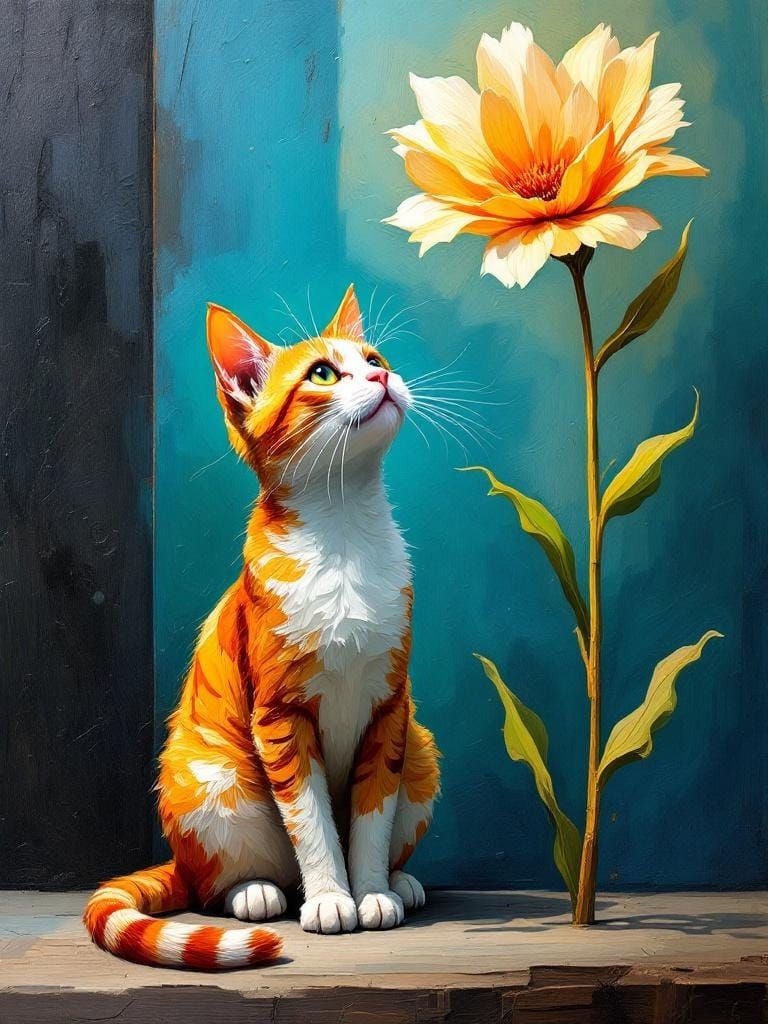 Cat Under Flower in Impasto Style