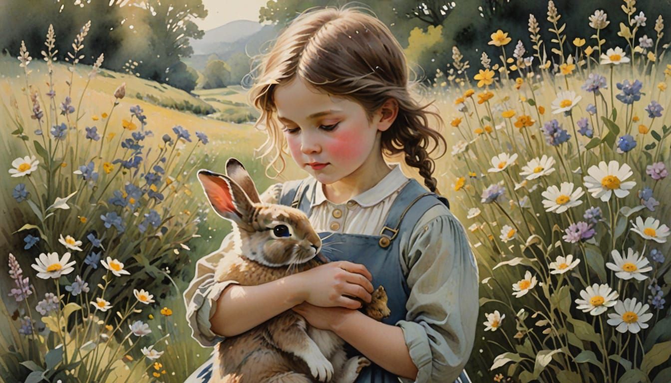 Child's Gentle Gaze at Limp Rabbit in Soft Sunlight