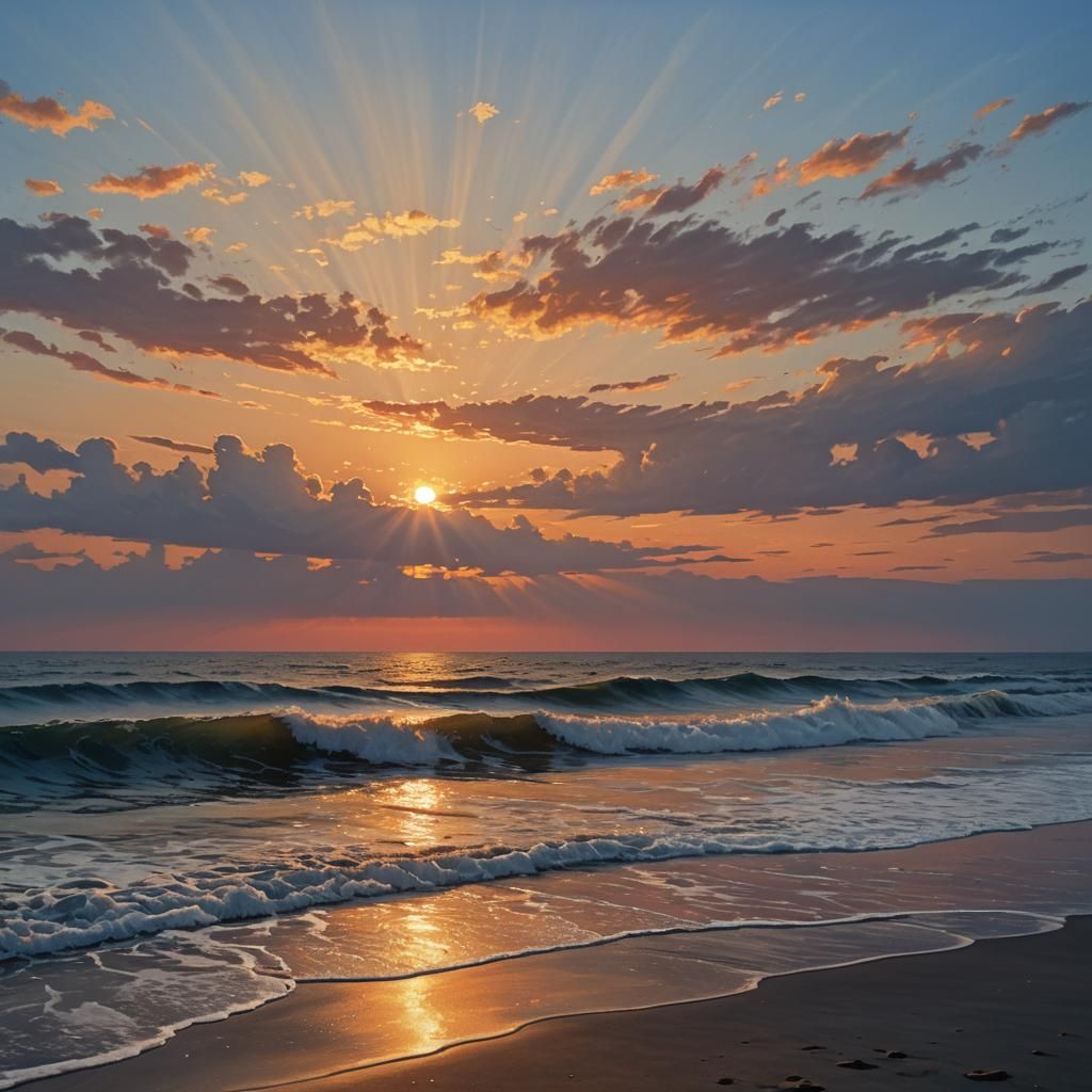 Golden Sunrise Over Ocean Waves, Digital Matte Painting