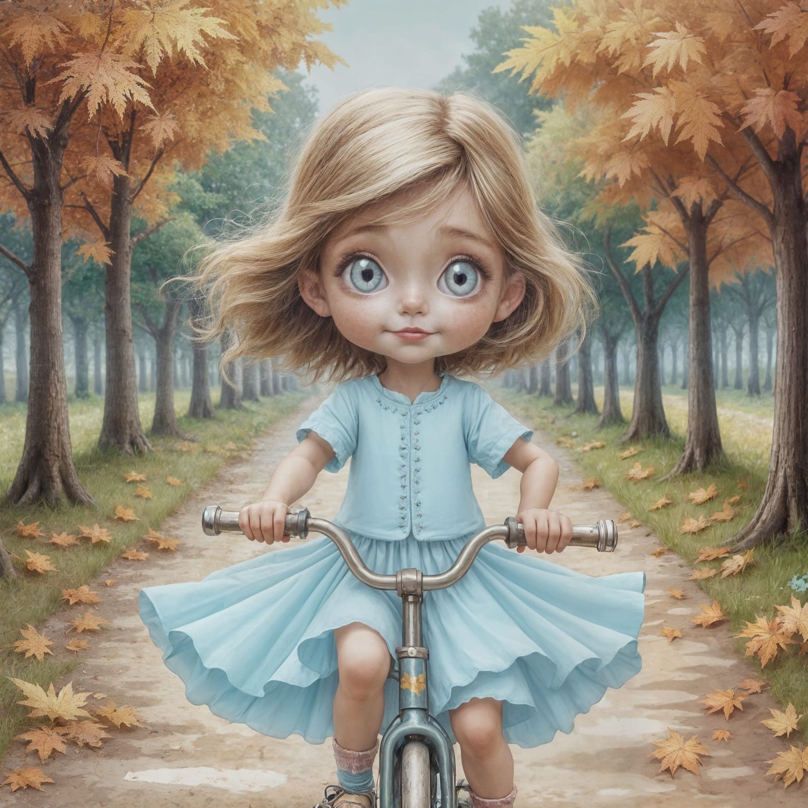 Girl in Rainbow Fairy Dress Rides Bike Through Fall Foliage
