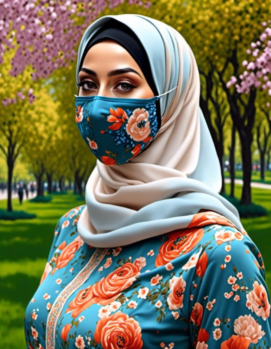 Beautiful Masked Woman in Spring Park, Oil-Guache Painting