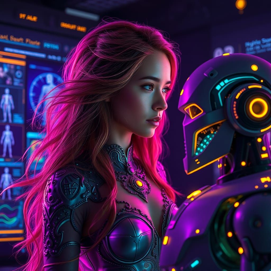 A futuristic scene depicts a woman with flowing hair gazing intently at a humanoid robot. Digital interfaces and hologra...