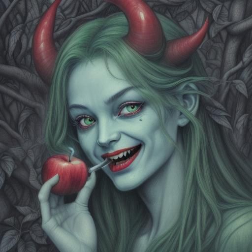 Smoking Hand Offers Apple to Devil: Charcoal Drawing