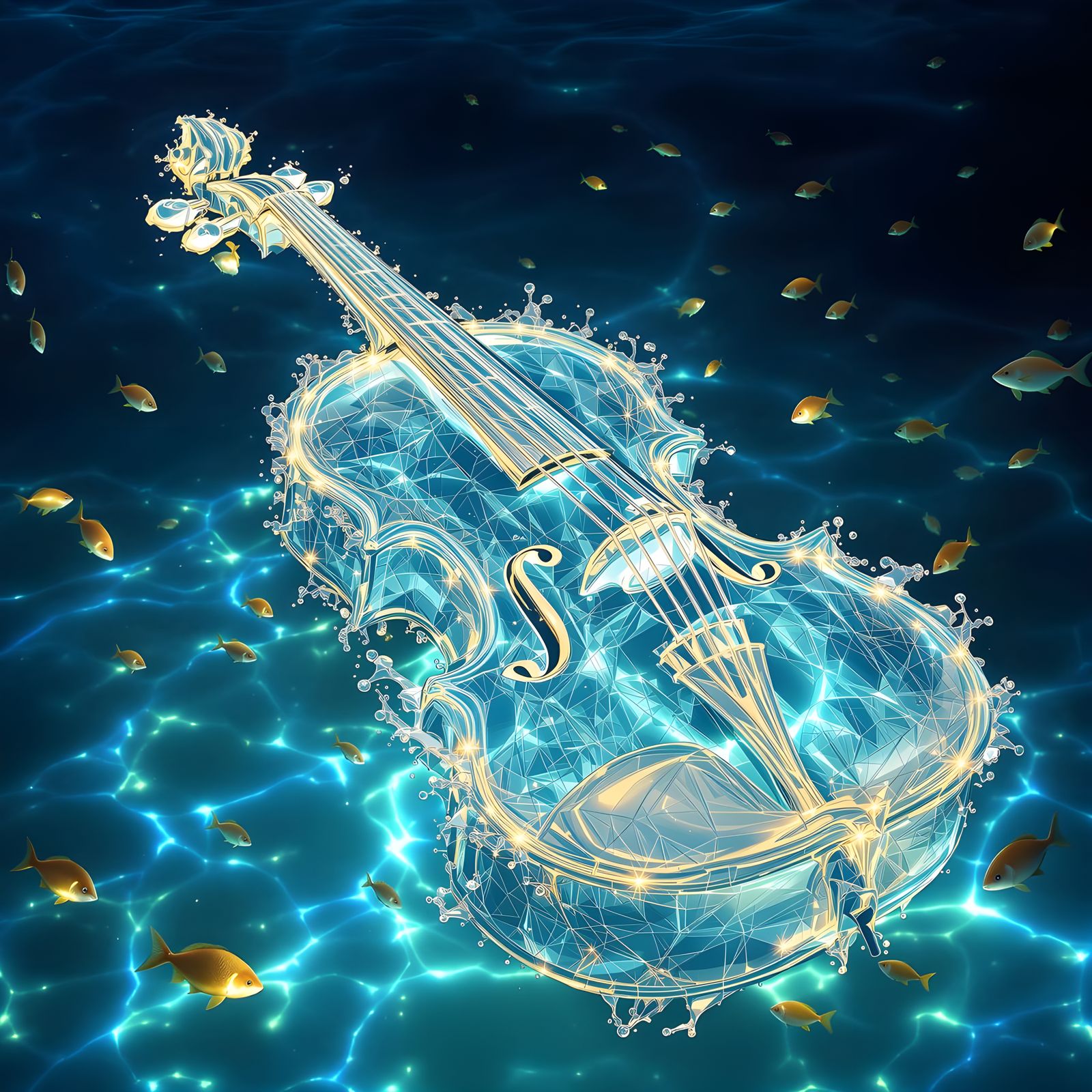 Water Violin Made of Light Strings in Bioluminescent Ocean