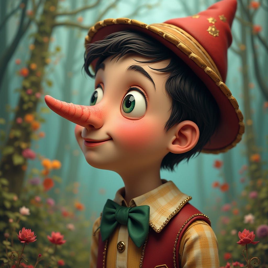 Person with Growing Pinocchio Nose, Whimsical Digital Art