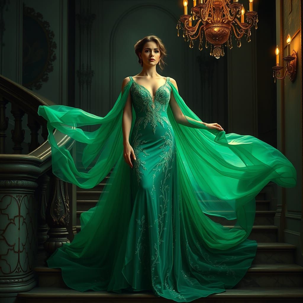 Woman in Emerald Gown on Grand Staircase