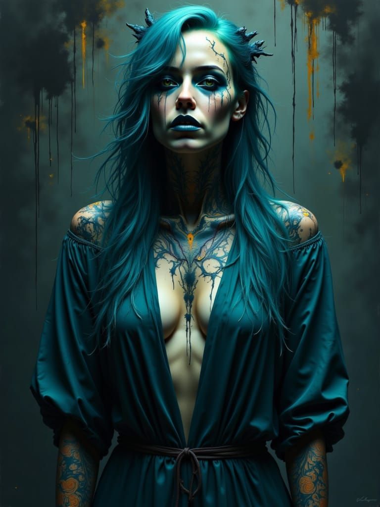 Mysterious Turquoise Sorceress with Dragon Tattoos