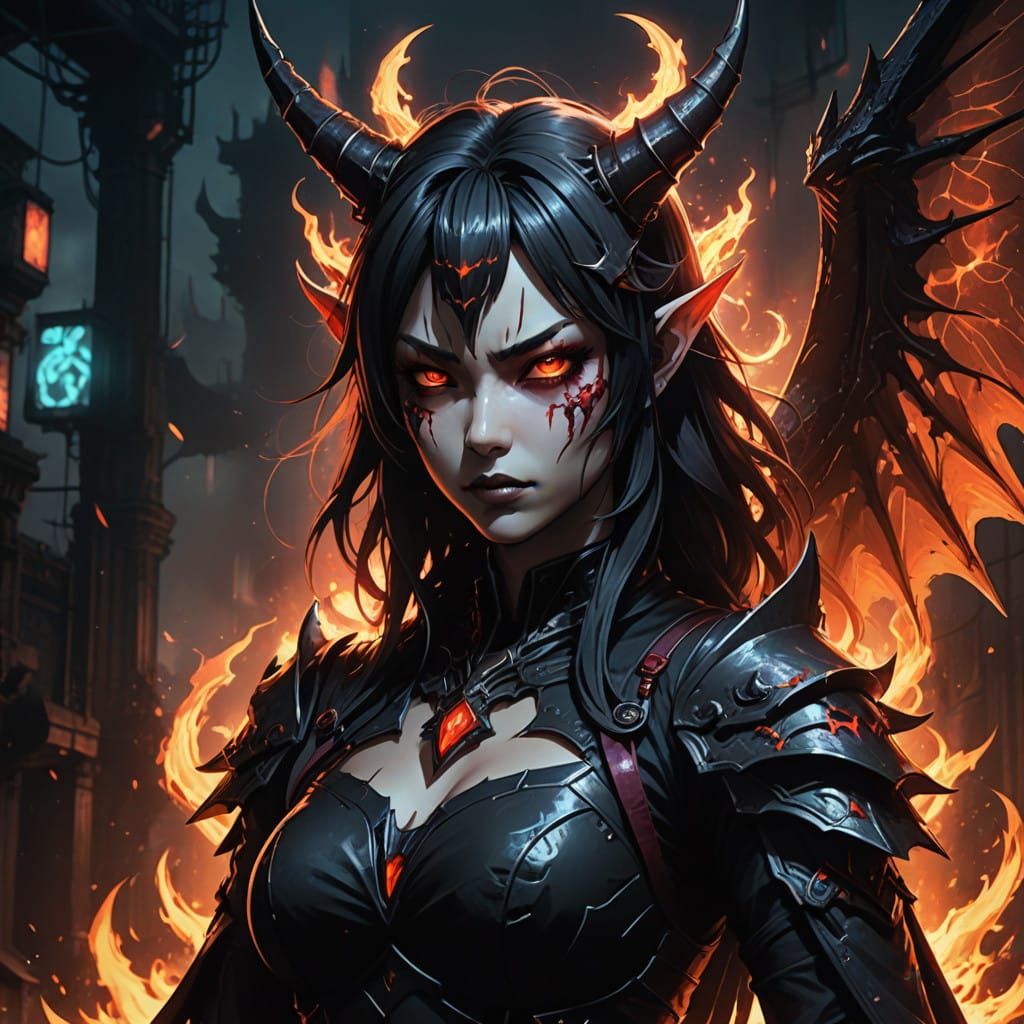 Dark Fantasy Oni Bat Girl with Demon Shadow Aura