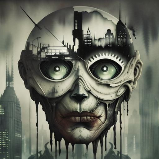 Surreal Alien in Dystopian Cityscape Double Exposure