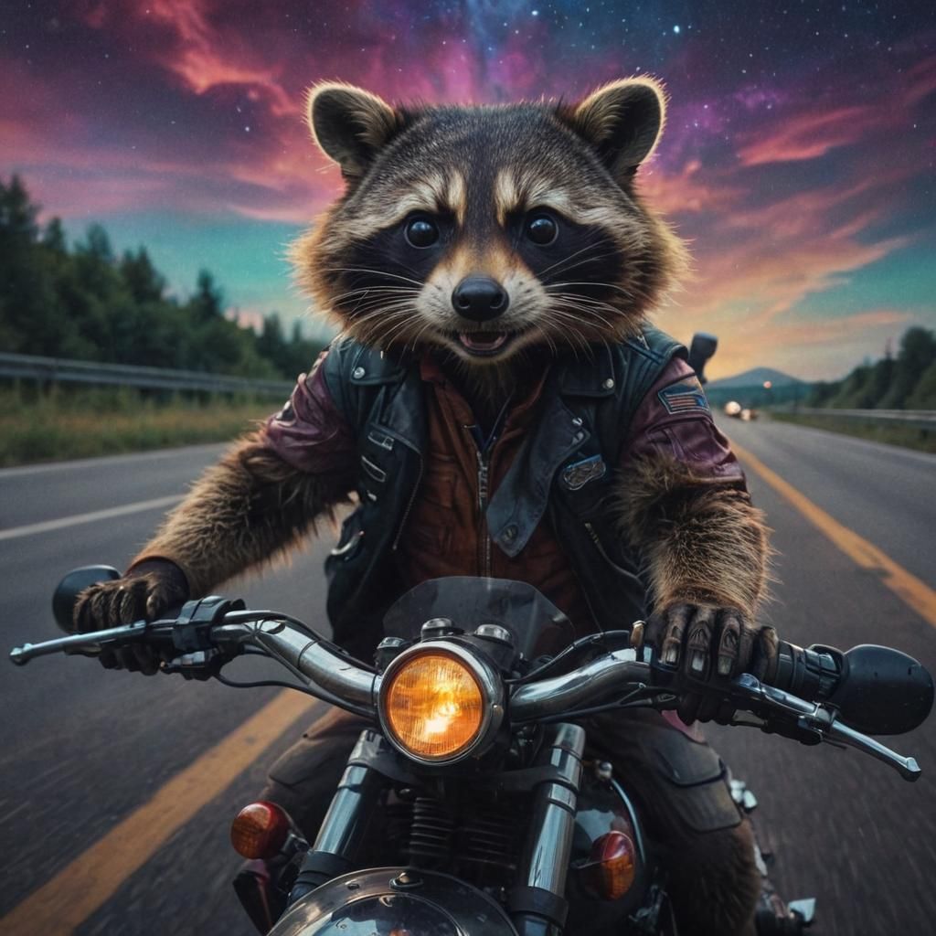 Raccoon on Motorcycle: Cinematic Film Still