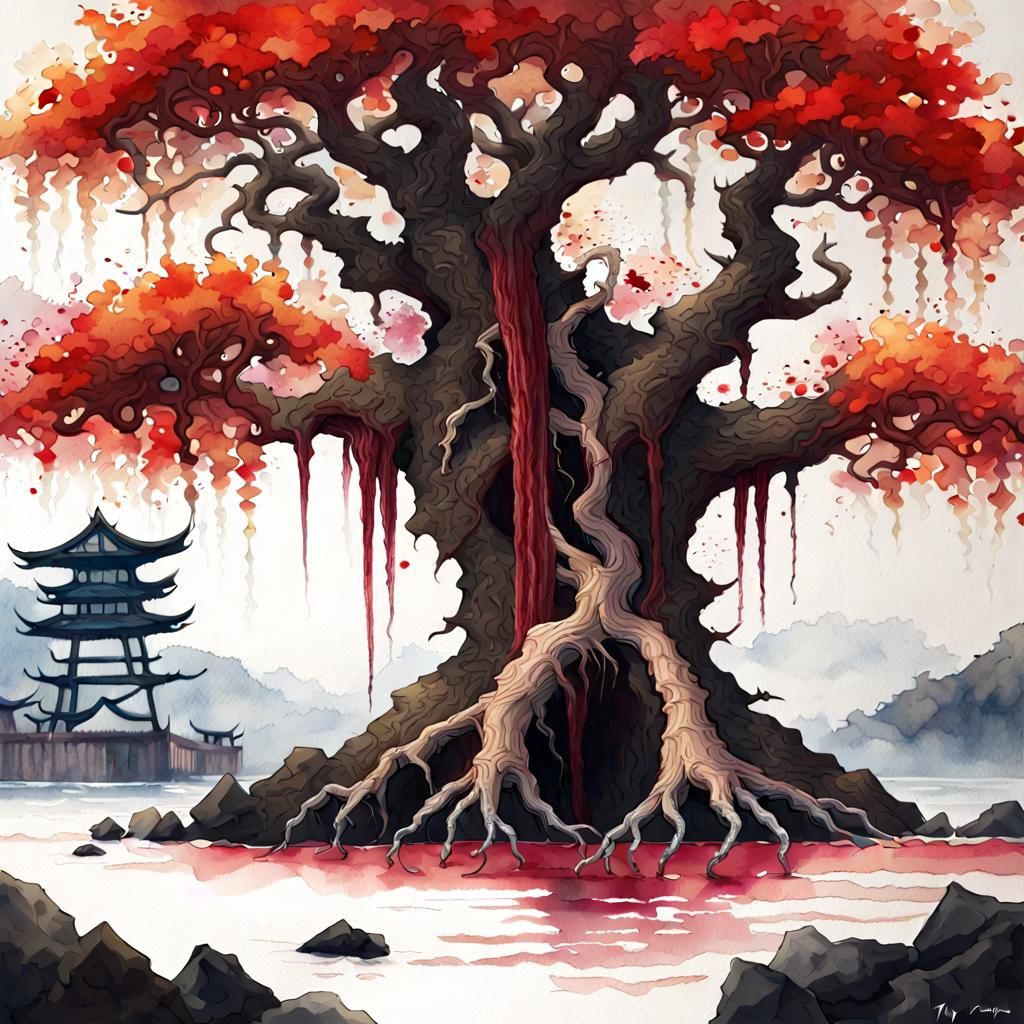 Surreal Watercolor Tree in a Haunted Japanese Village