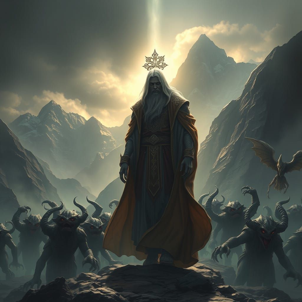 Godlike Figure Wonders Through Dark Mountains