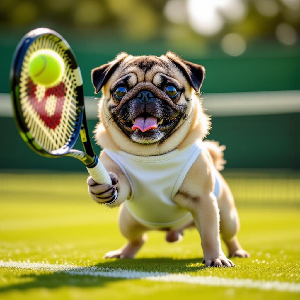 Pug Serves Tennis Ball on Wimbledon Court