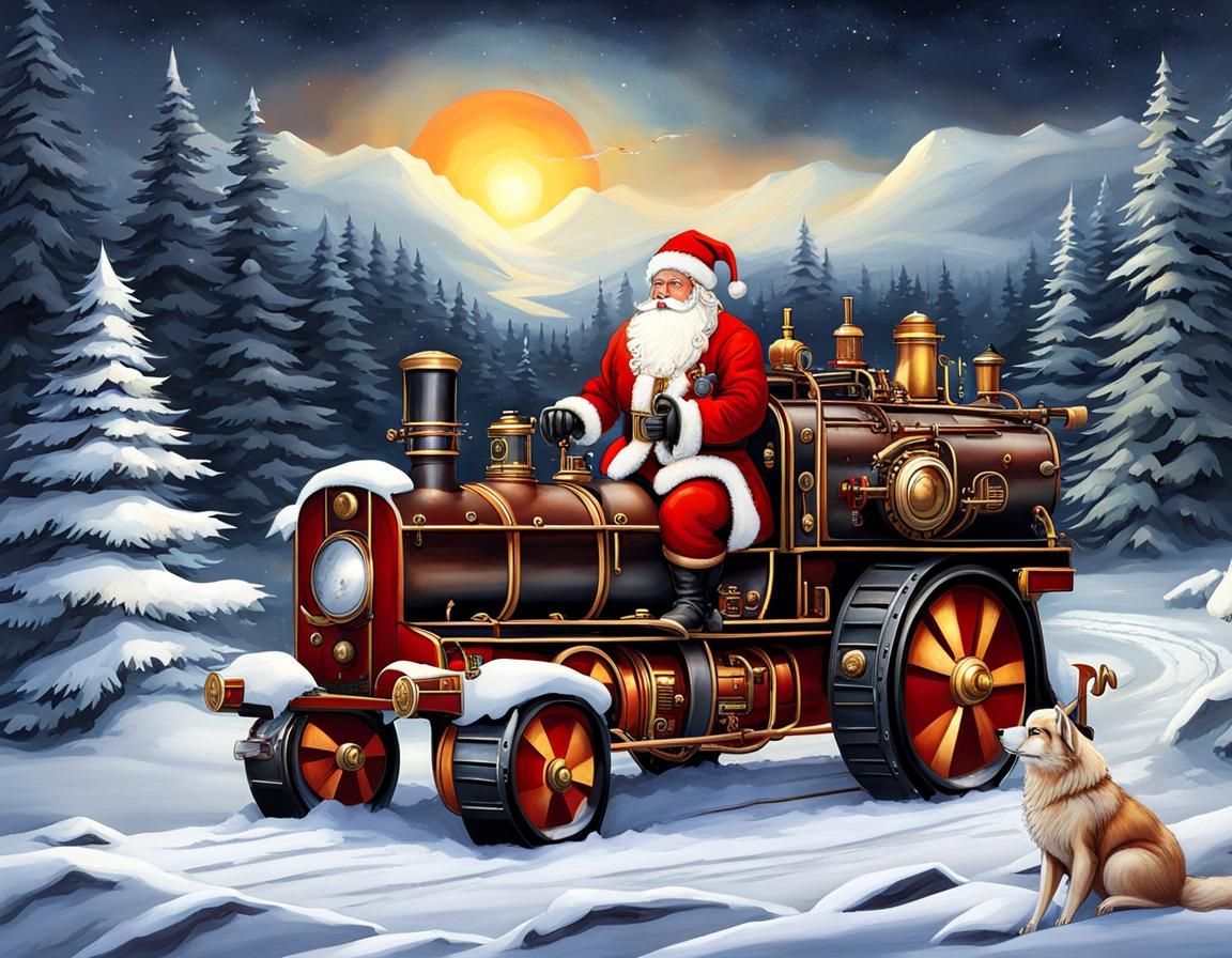 Steampunk Santa Claus on Steam Train at Sunset