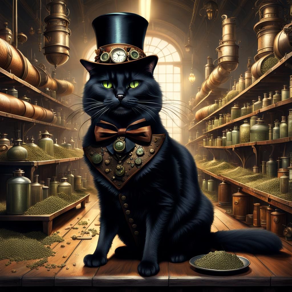 Steampunk Black Cat Industrialist in Catnip Factory