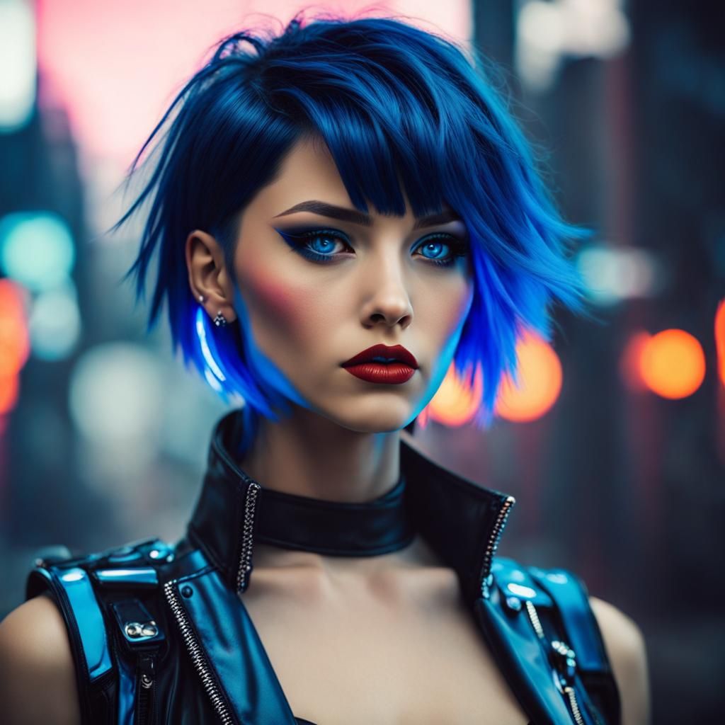 Cyberpunk Girl with Electric Blue Hair in Synthwave Style