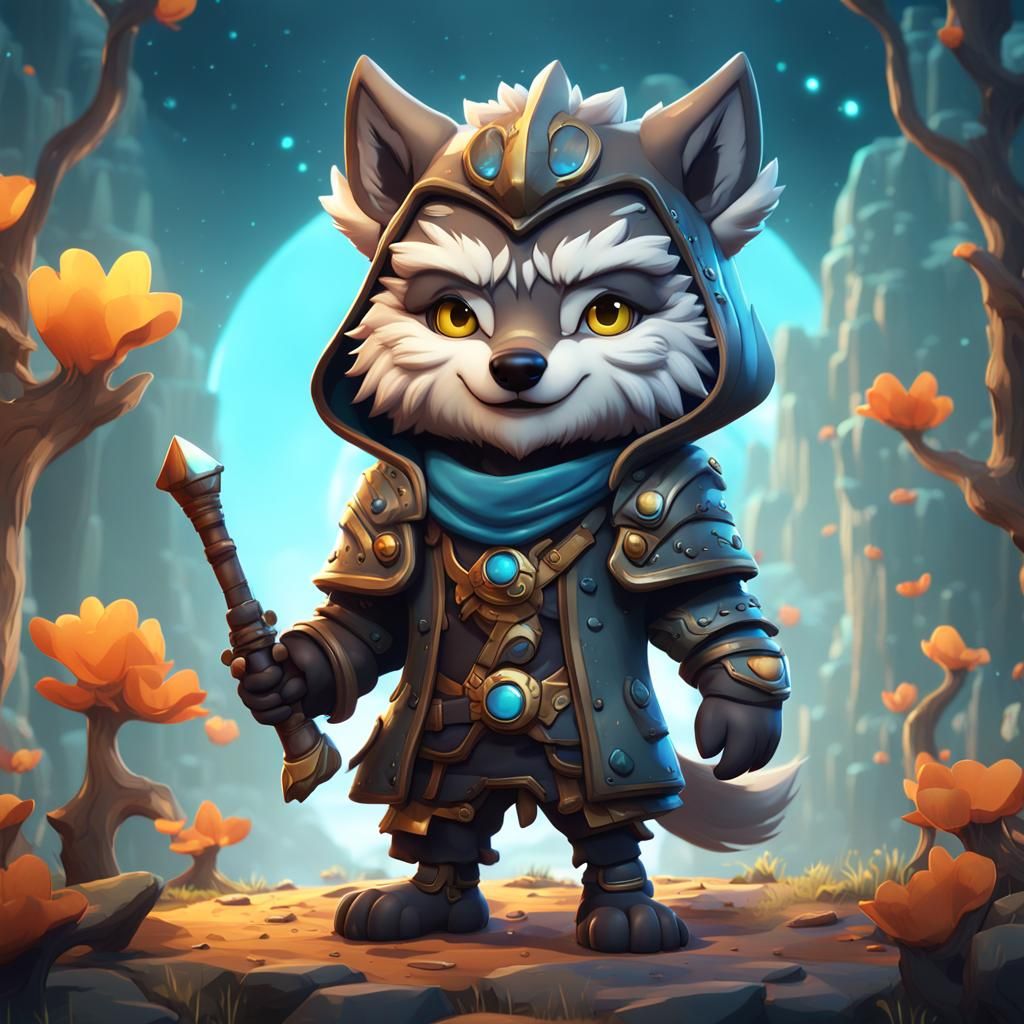 Chibi Wolf Cartoon Character in Detailed Digital Art