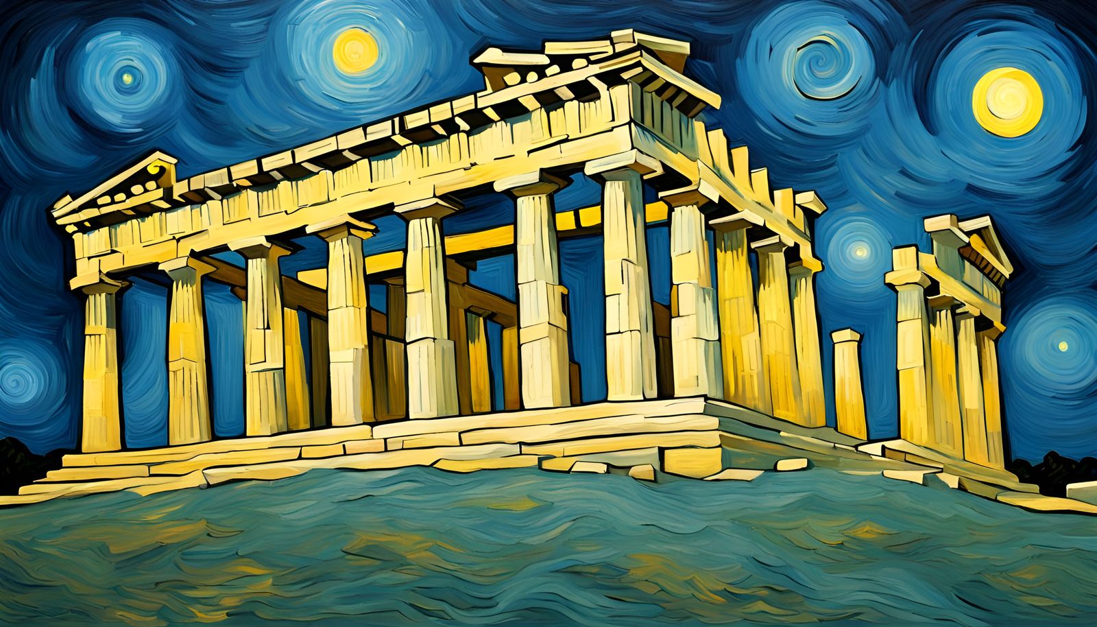 Parthenon Under Soft Moonlight in Vibrant Post-Impressionist...