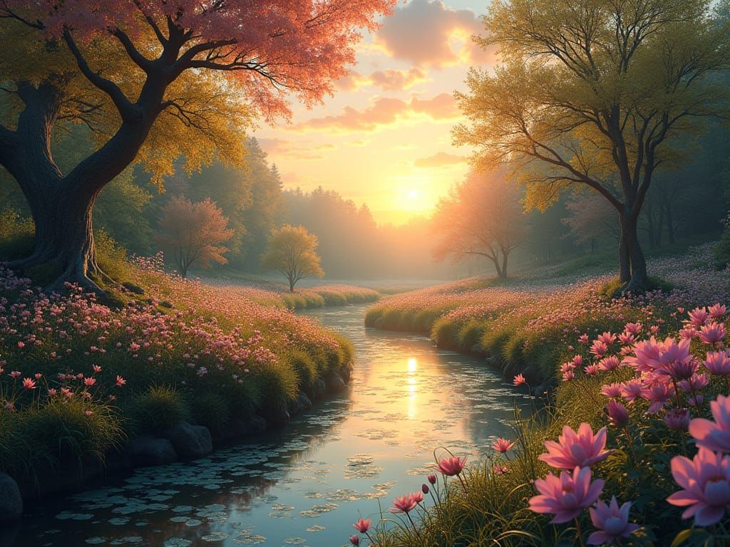 Vibrant Spring Forest Panorama at Sunset