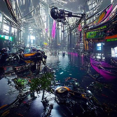 Underwater Cyberpunk Cityscape with Neon Reflections