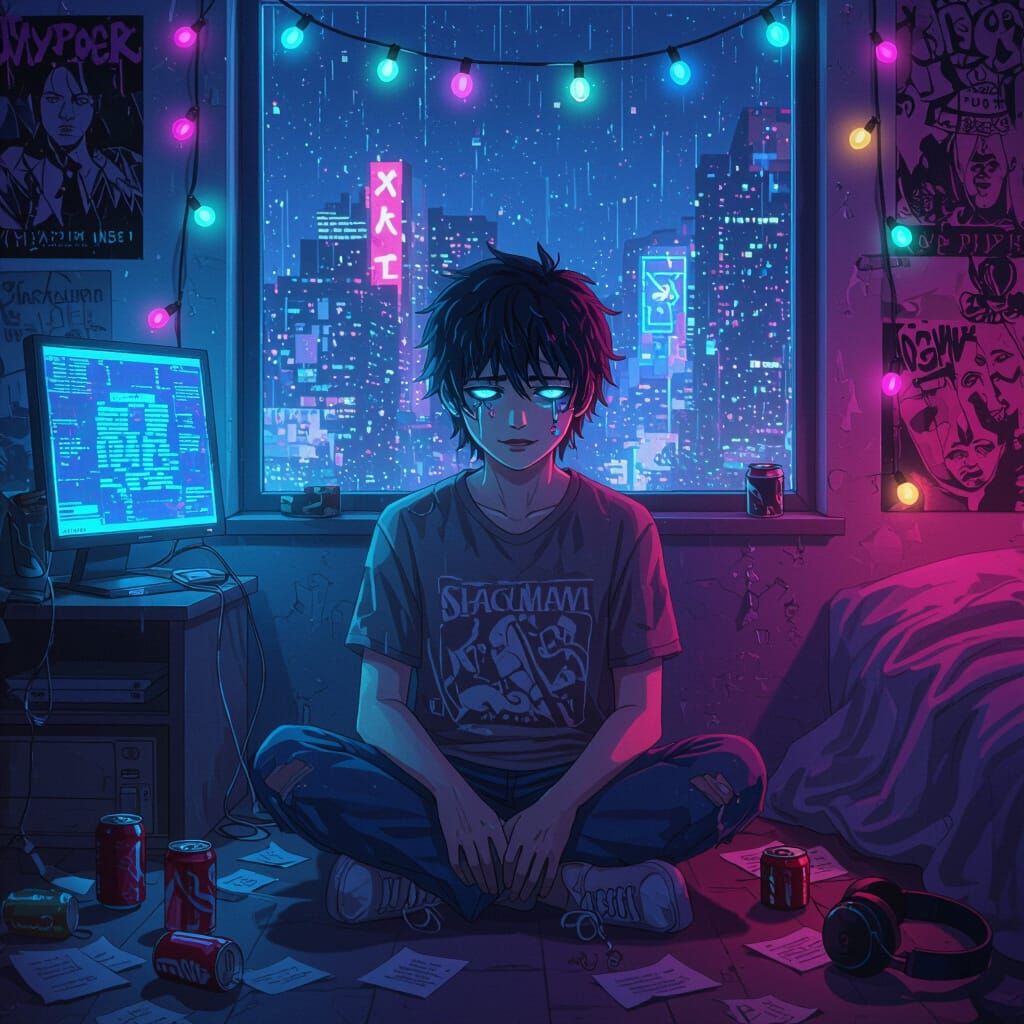 Vaporwave Anime Scene of Solitary Figure