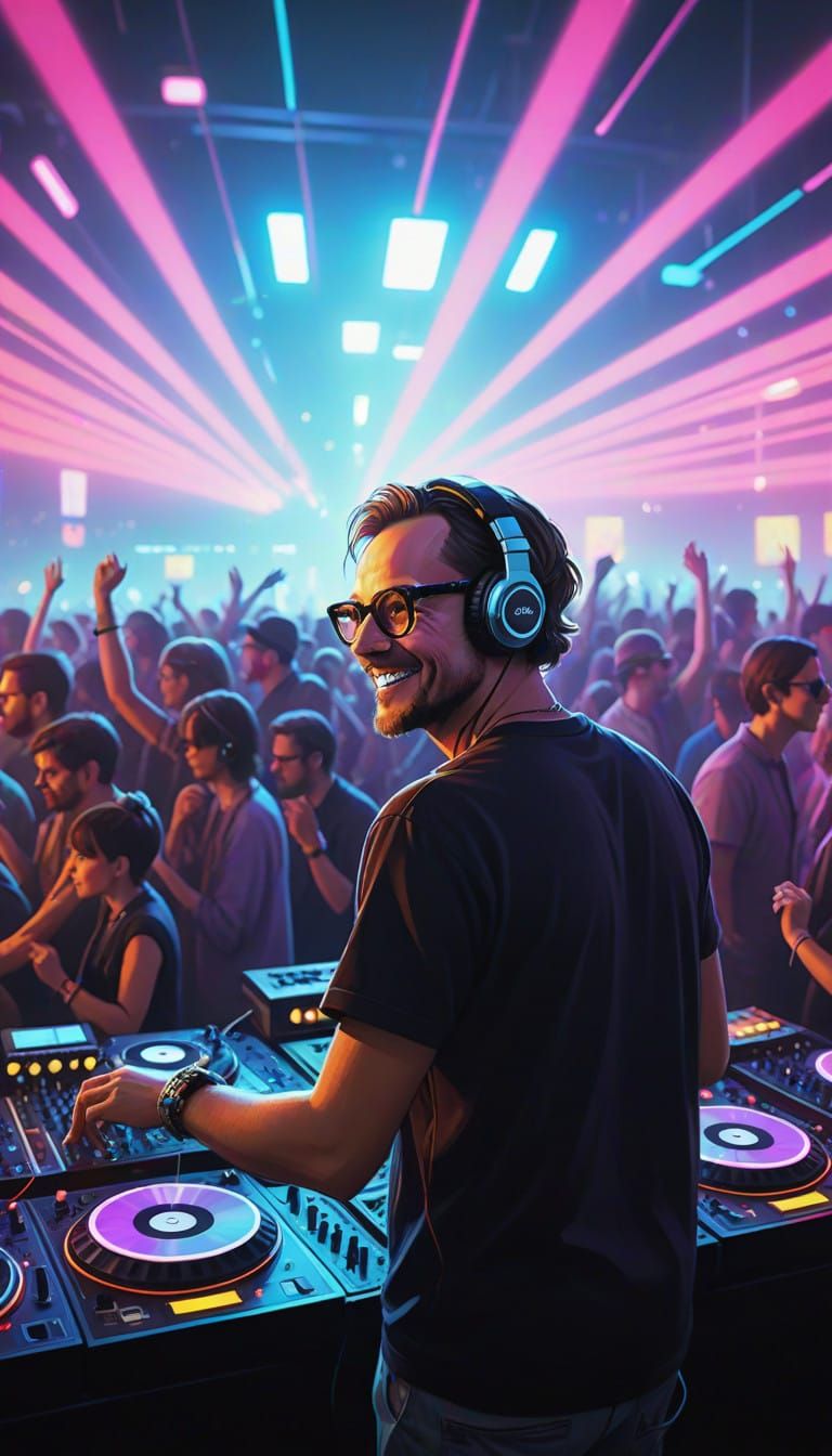 Charismatic DJ Shines in Neon-Lit Nightclub