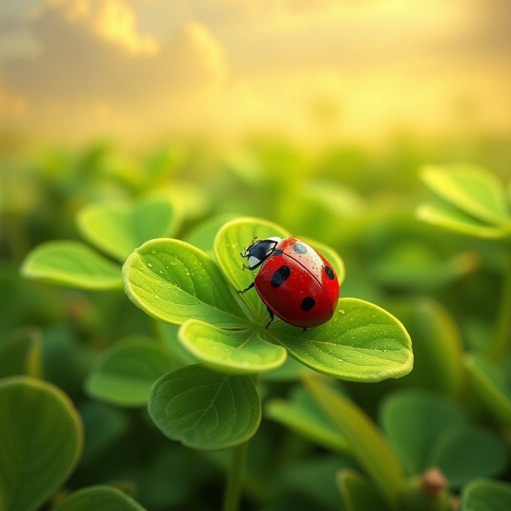 Ladybug on Clover in Dreamlike, Hyperrealistic Style