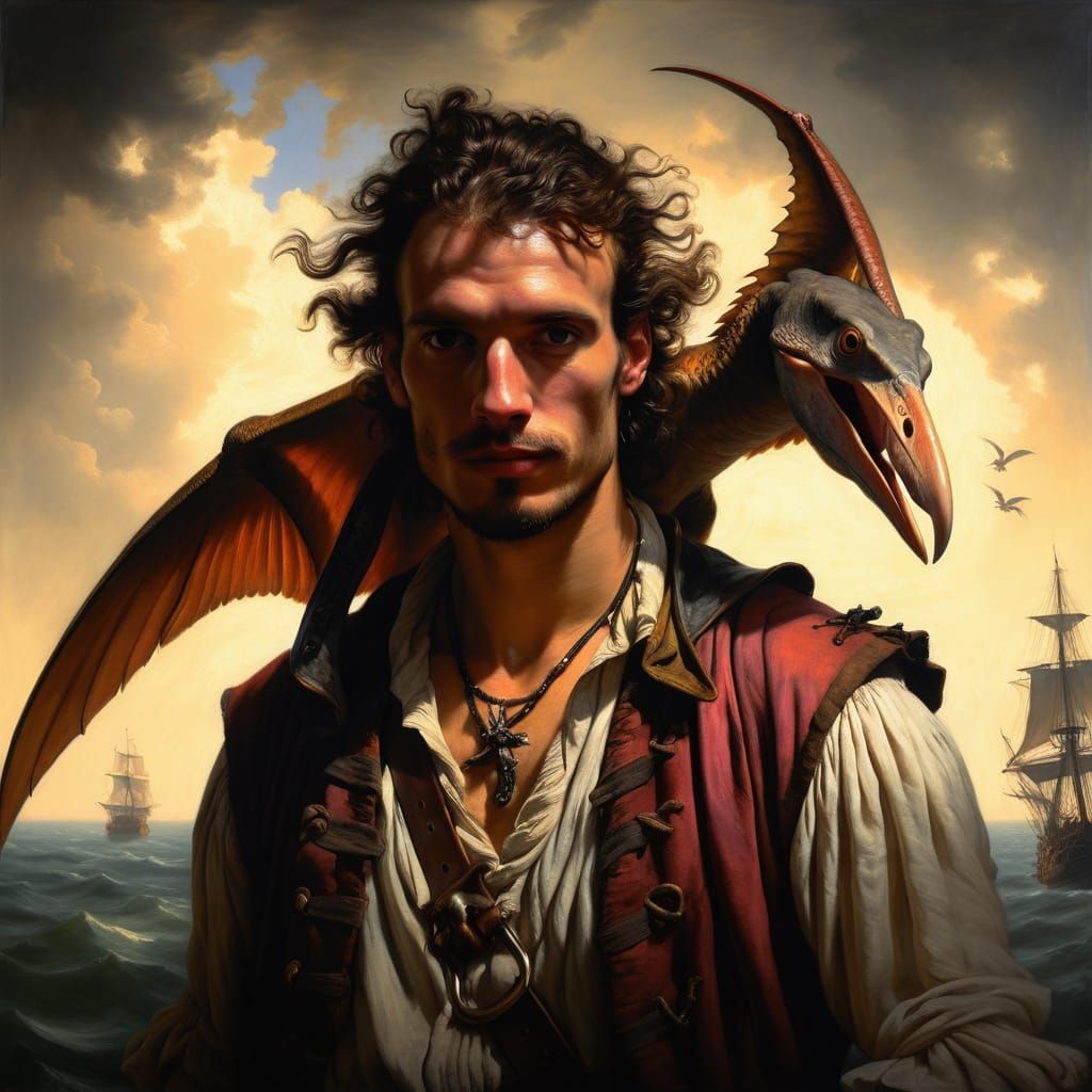 Pirate and Pterodactyl Oil Painting