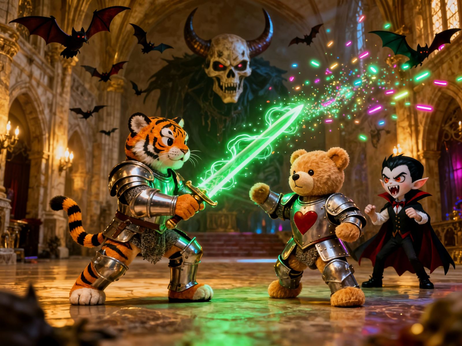 Cute Tiger Knight Fights Vampire with Teddy Bear Mediator