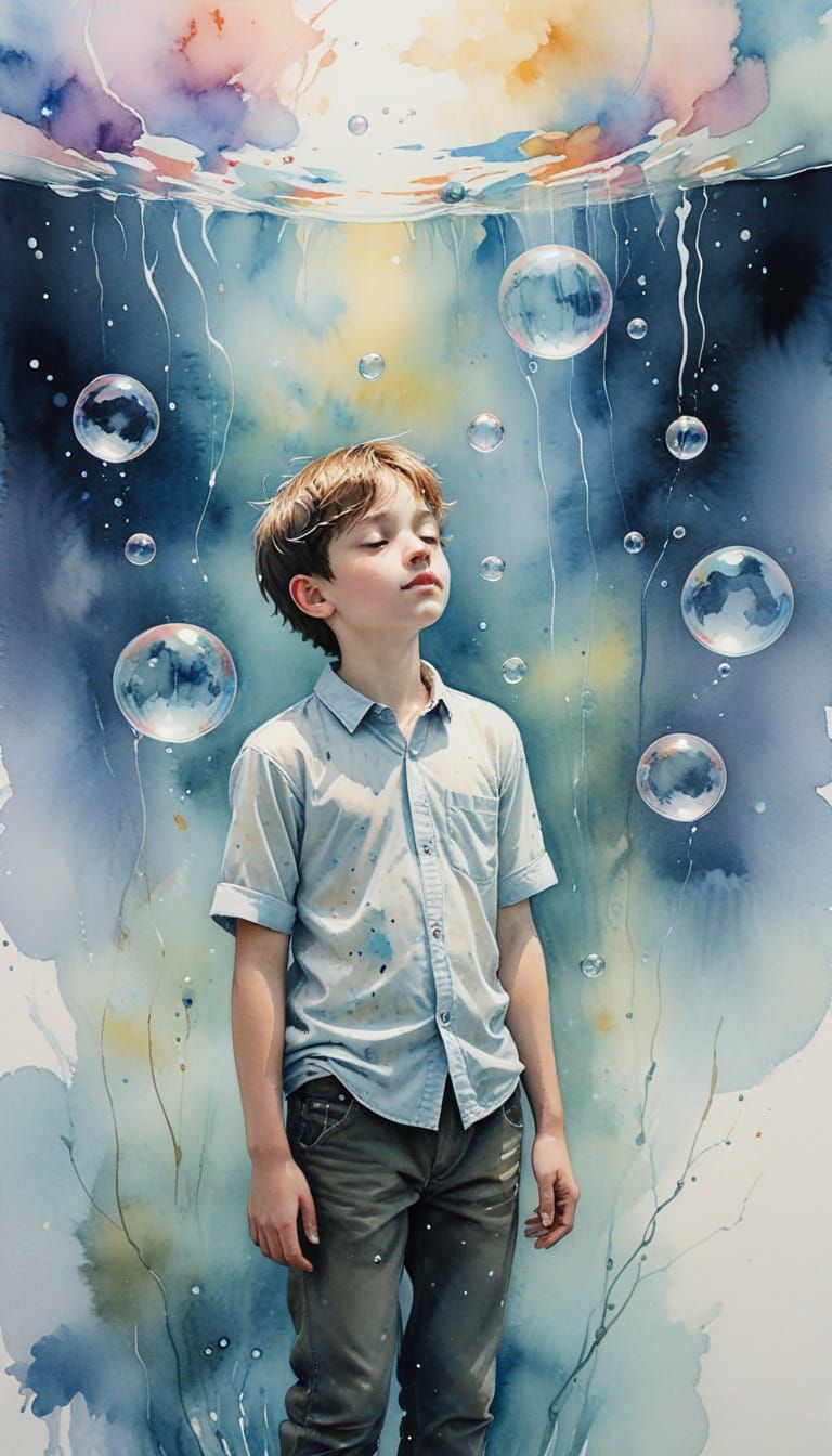 Boy in Bubble Dreamscape: Wet-Wash Watercolour Portrait