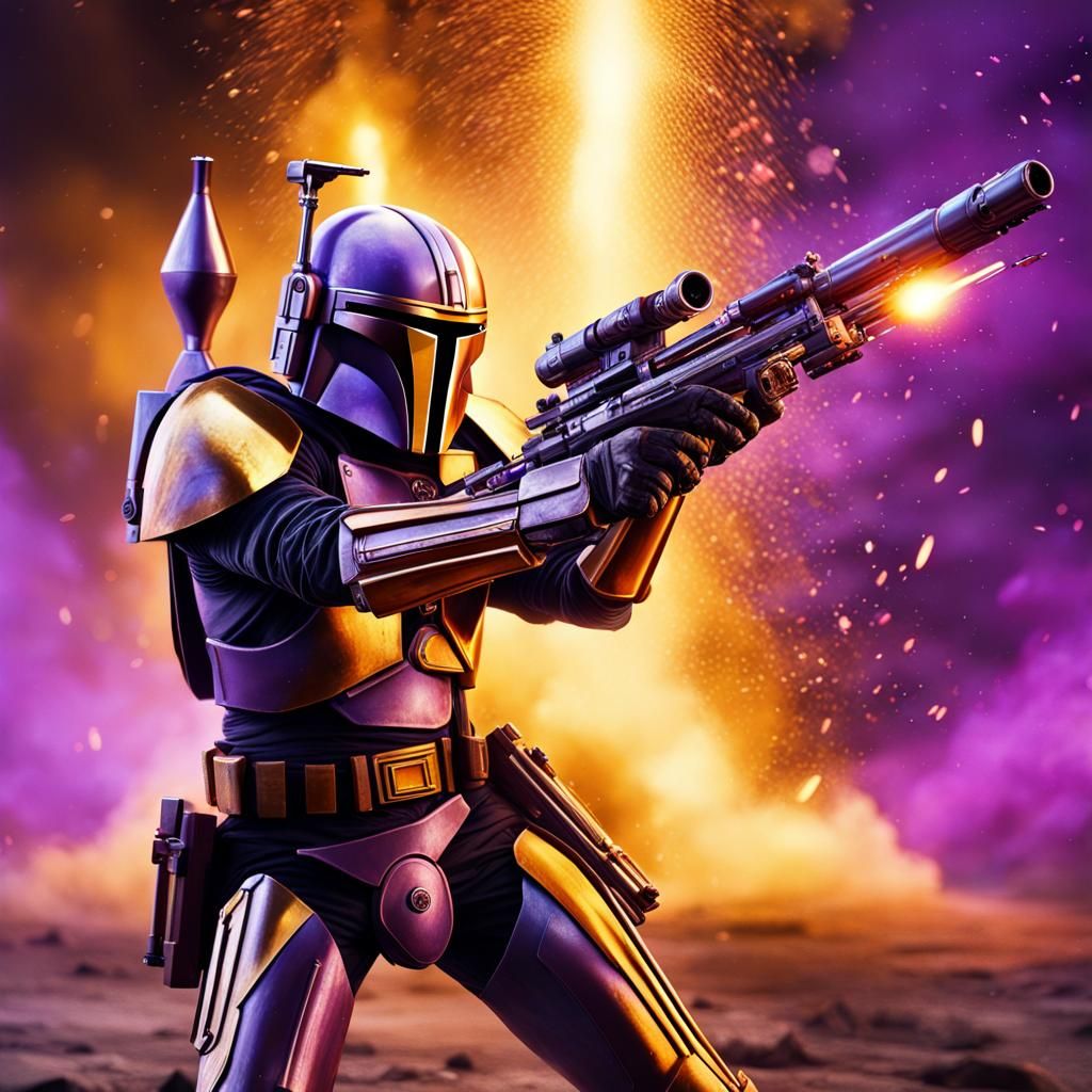 Purple and Gold Mandalorian Warrior in Action