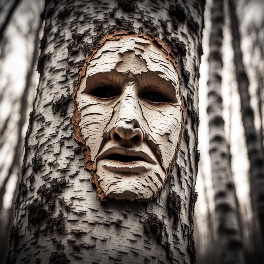 Birch Bark Face in Tree, Charcoal Sketch Style