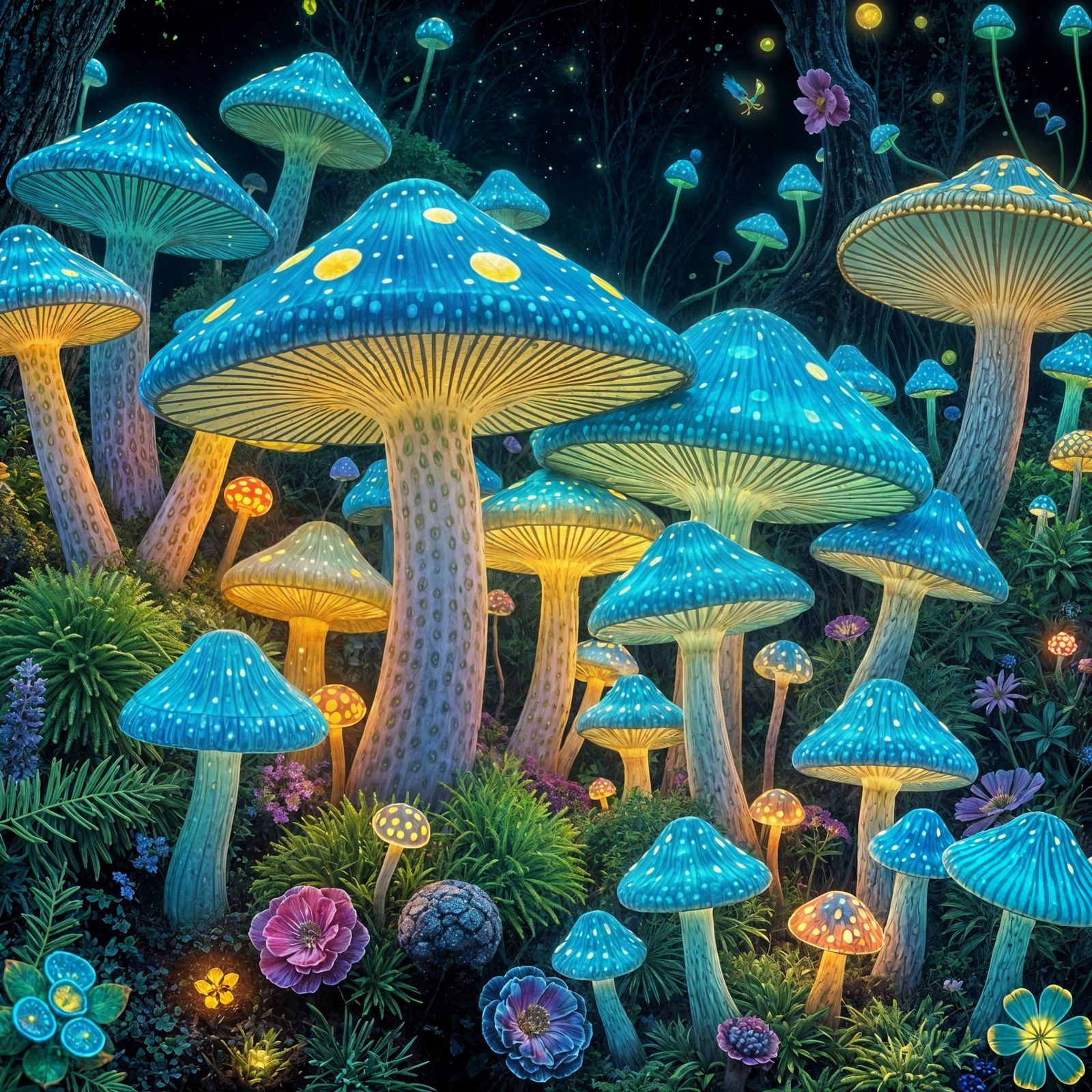 Whimsical Bioluminescent Forest in Art Nouveau Style