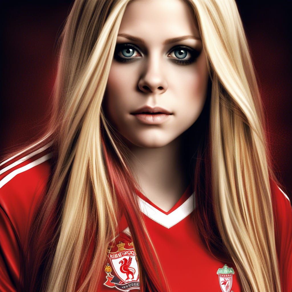 Hyperrealistic Avril Lavigne in Liverpool Kit