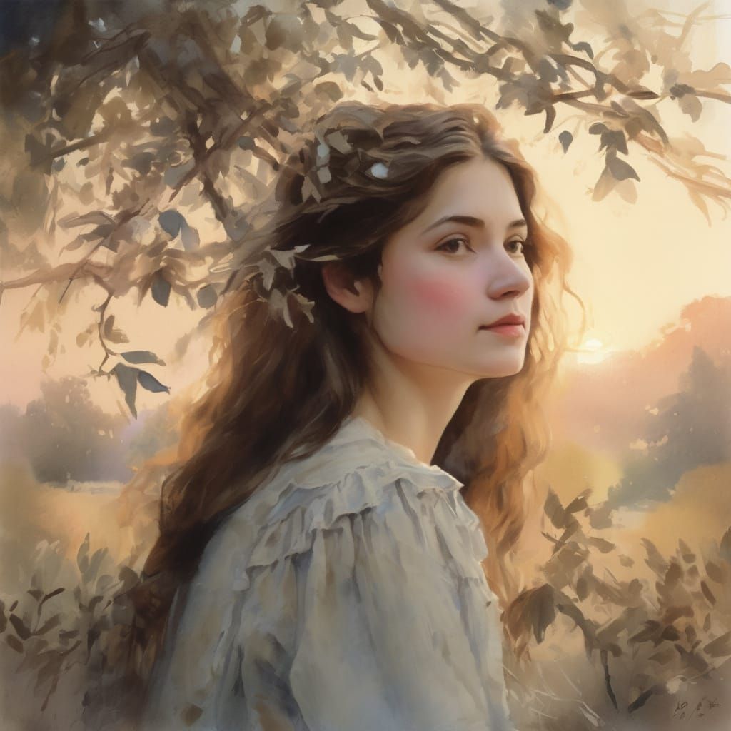 Ethereal Woman in Thorny Dawn Landscape