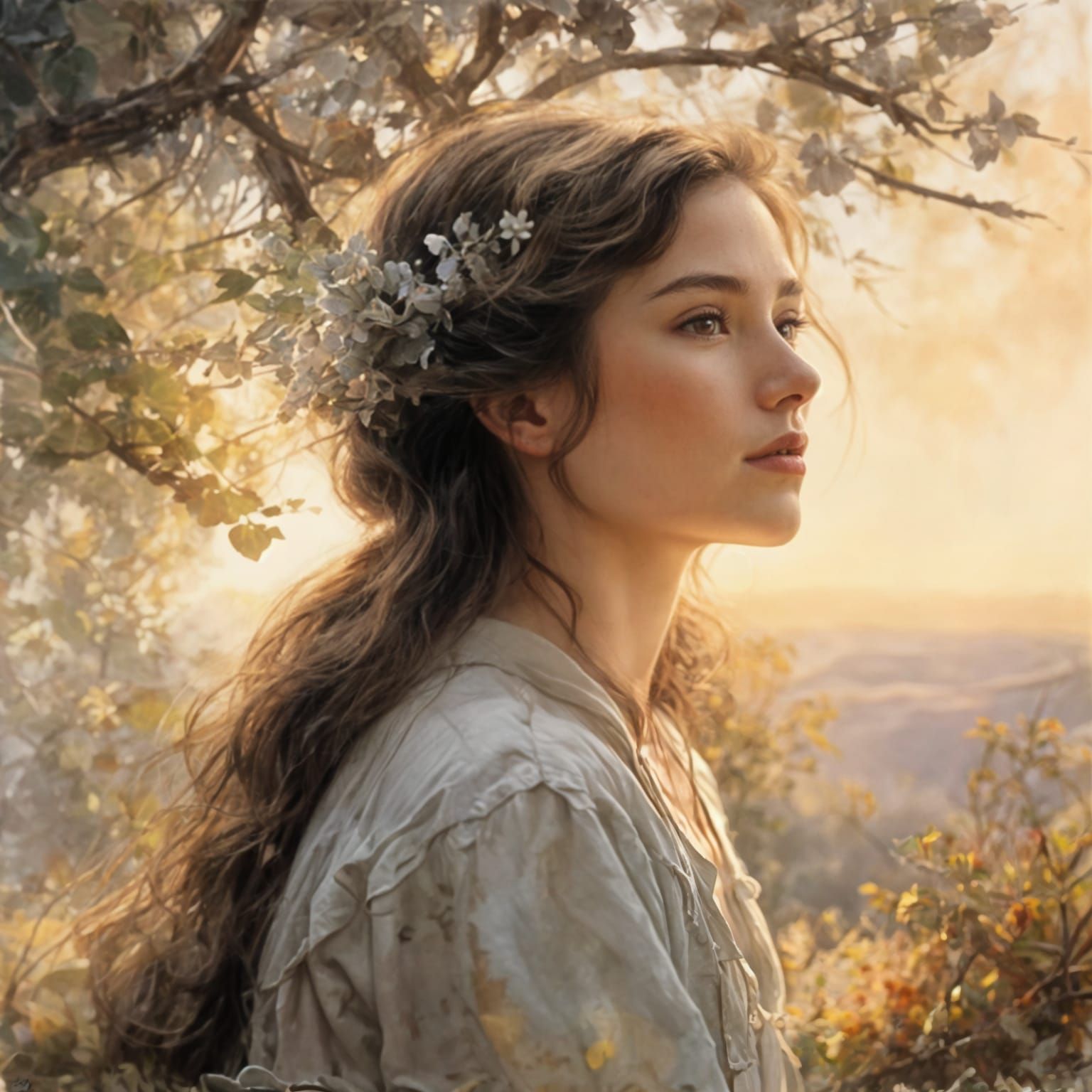 Woman in Dawn's Warmth, a Soft Watercolor Masterpiece