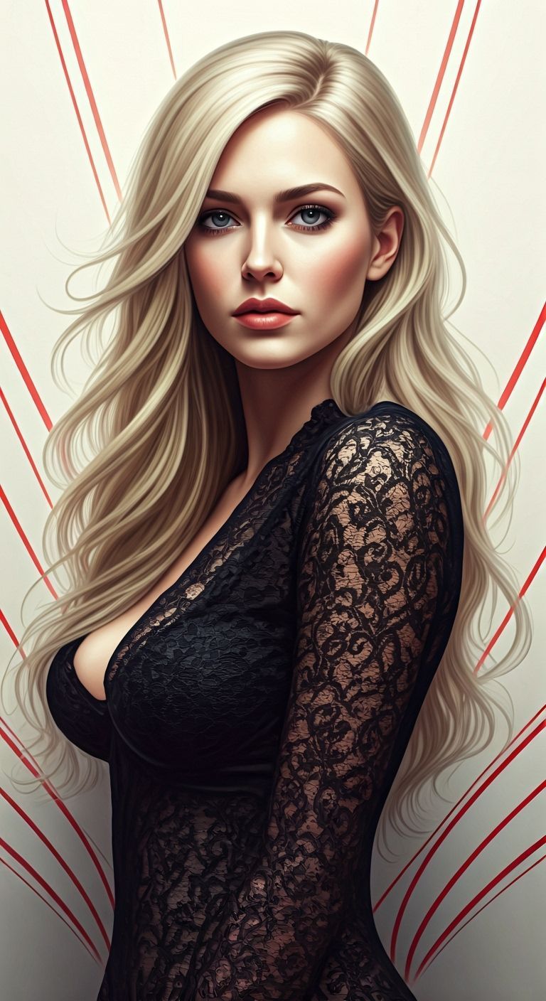 Blonde Woman Portrait with Red Lines in Art Nouveau Style