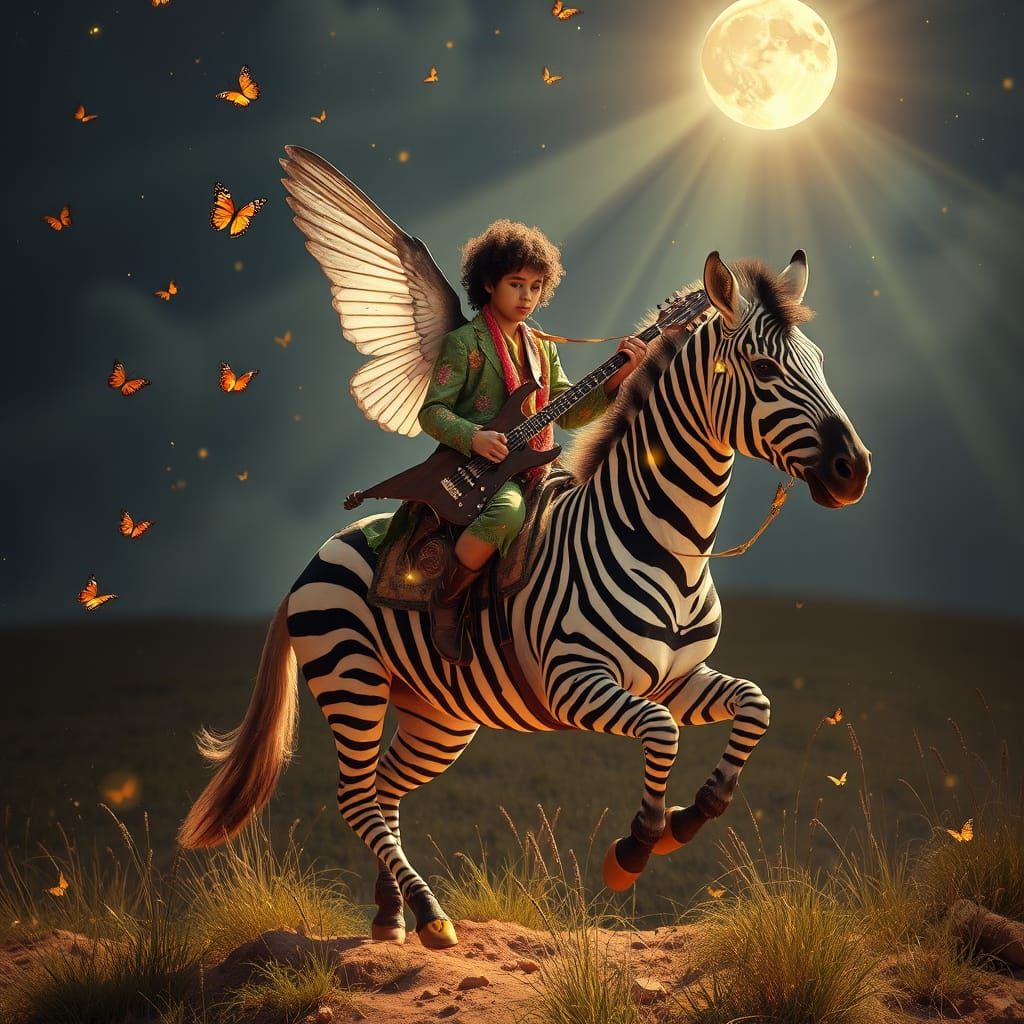 Jimi Hendrix Rides a Zebra to Moonlit Bliss