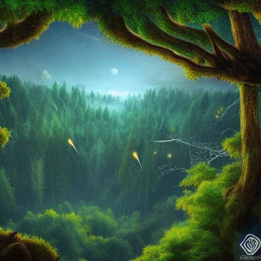 Shooting Stars Over Evergreen Forest Canopy