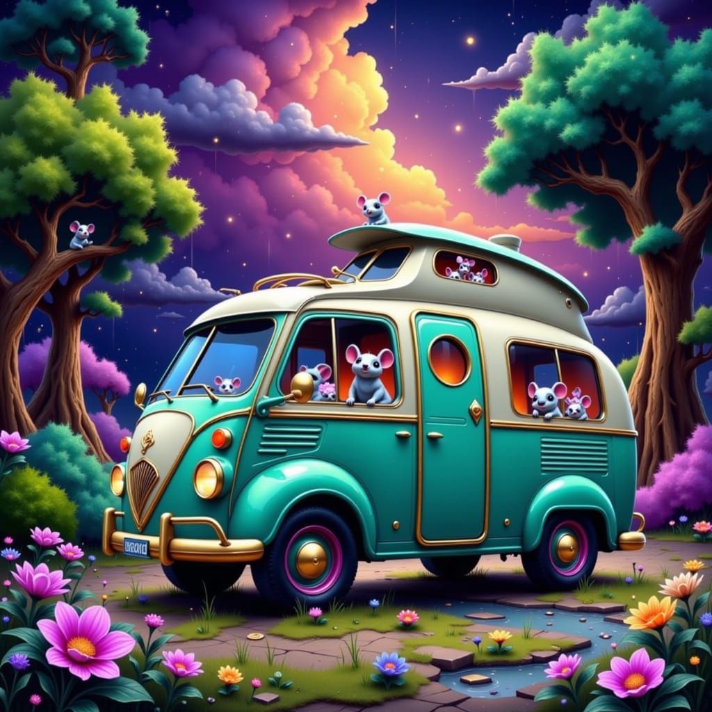 Whimsical Vintage Motorhome in Rainy Landscape, Miyazaki Sty...