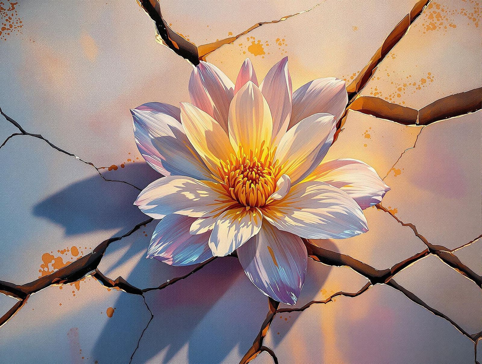 Flower Blooms in Cracked Stone: Oil Painting