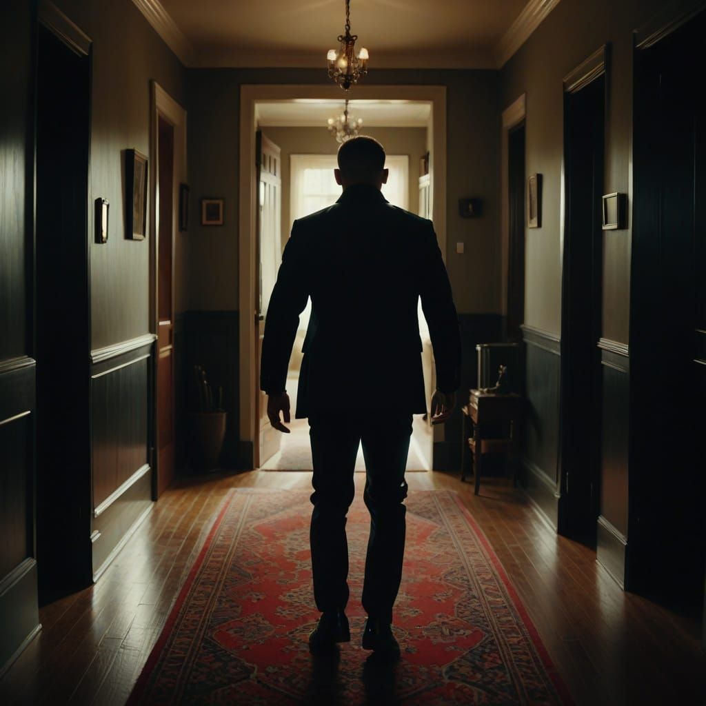 Hyperrealistic Bodyguard Walking in House: Cinematic Still