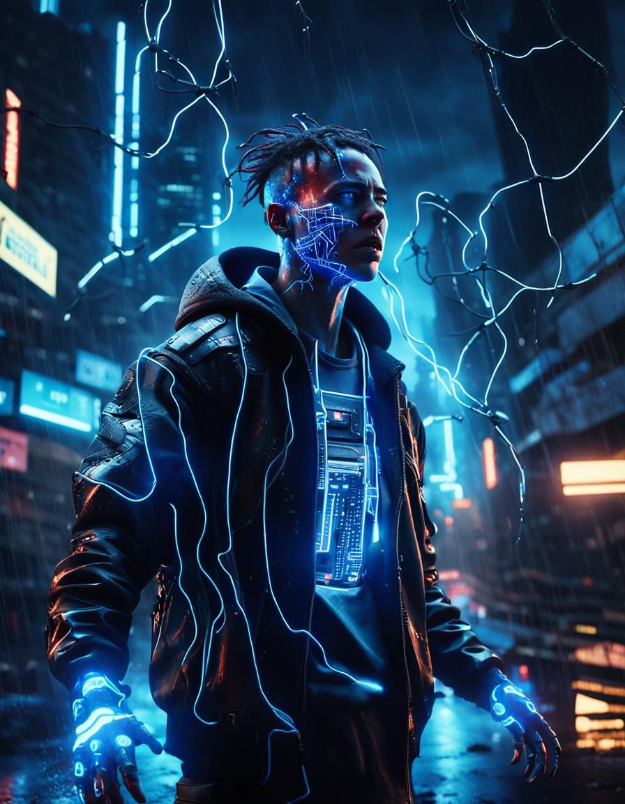 Cyberpunk Rage: Figure Integrated with Glowing Circuits