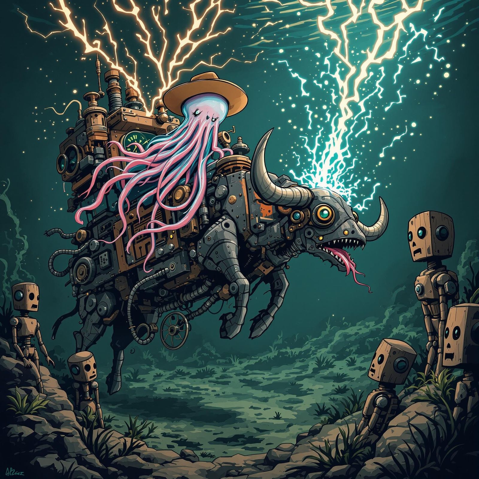 Jellyfish in 1940s Chic Cowboy Hat Rides Steam-Powered Mecha...
