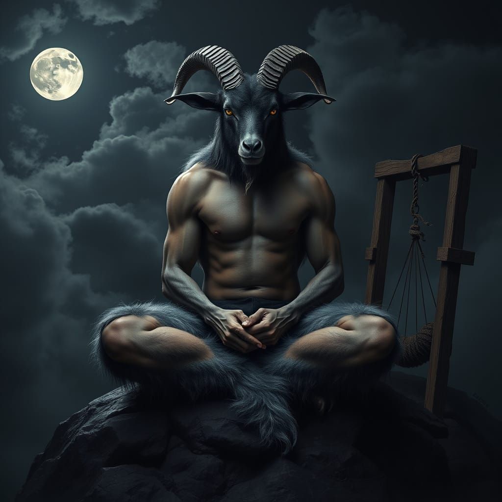 Goat-Human Figure Meditates Under Haunting Moonlight in Dark...